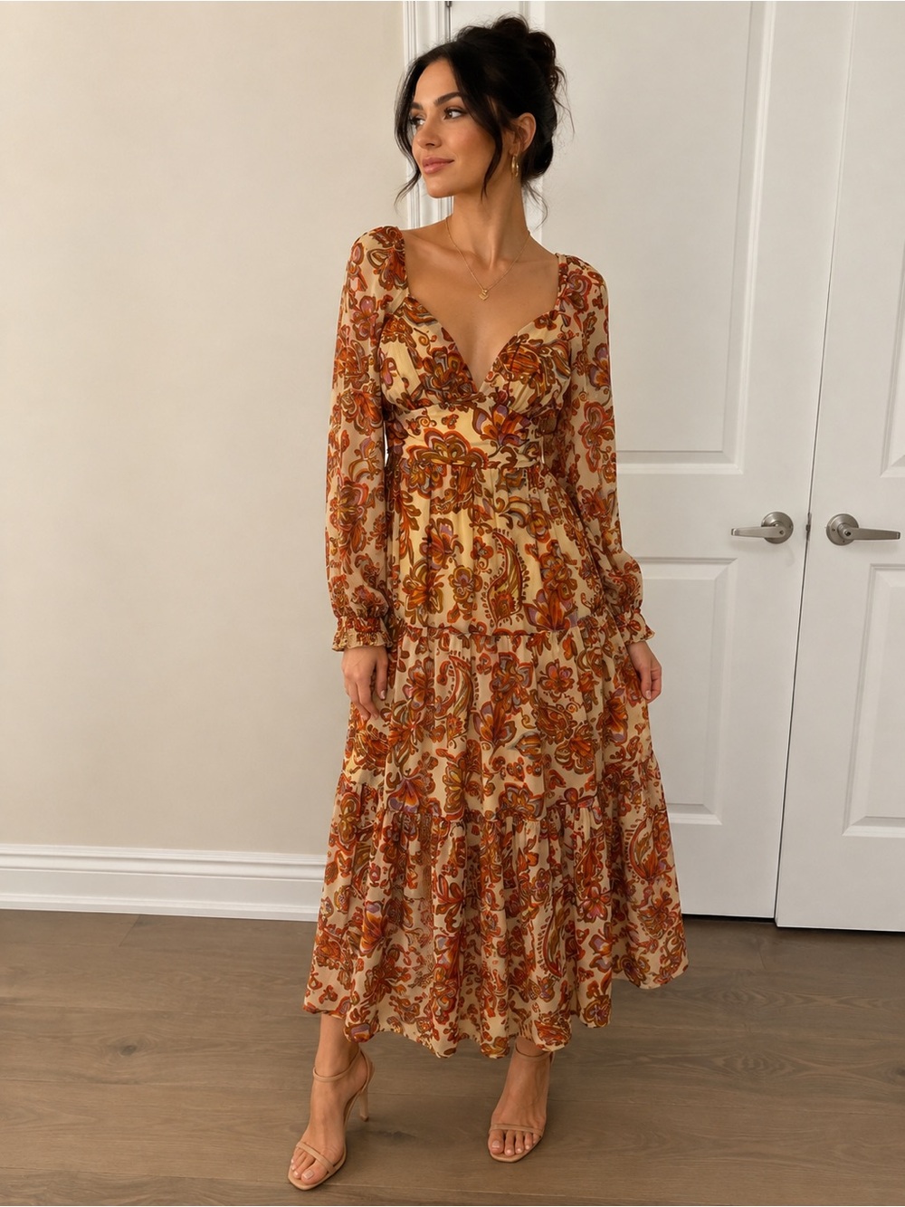 Nicole Miller New York Paisley Floral Long Sleeve Midi/Maxi Dress – Size M